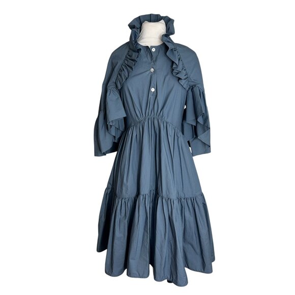 Trish Cox Blue Dress Size Medium Prairie Tiered Ruffles Butterfly Sleeves - Picture 9 of 9